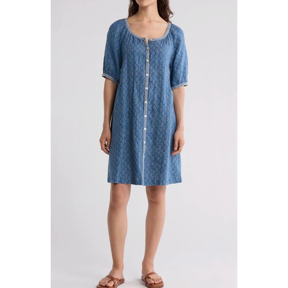 NEW‎ Faherty Carmel Linen Mini Dress Women's Size Sm Key Largo Blue Button Front